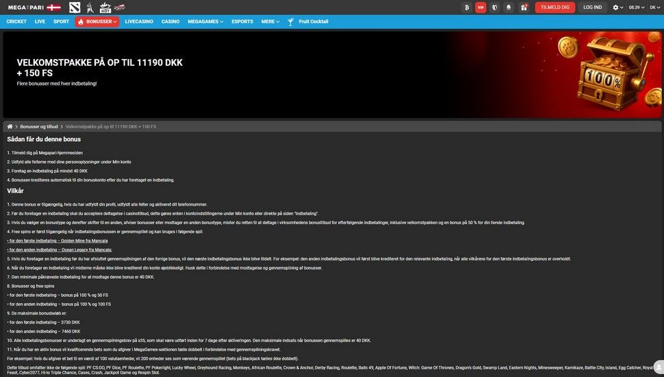 Megapari casino Velkomstbonus